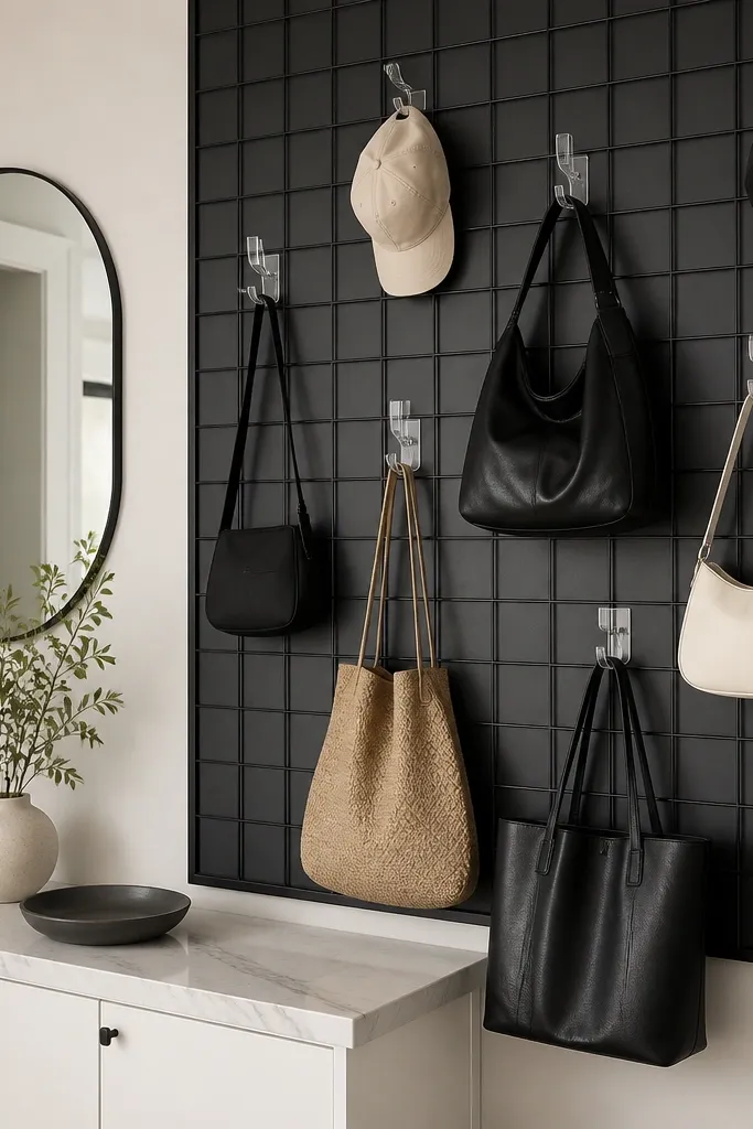 A matte black grid wall system with clear acrylic hooks holding bags and a couple of hats. Below is a small white cabinet with a marble-look top and a minimalist mirror.