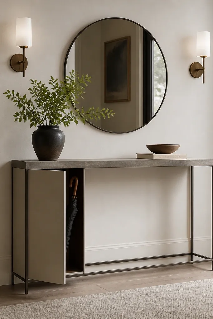 A slim console with a stone-look top in warm gray. One side has a hidden umbrella cabinet door, and there are two wall sconces with white glass shades.