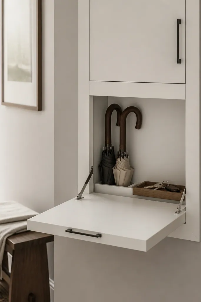 A narrow entryway wall has a built-in niche with a hinged lift shelf. The shelf is open to reveal a small bin for umbrellas and a shallow tray for keys. The cabinet doors are matte white with slim black pulls, and the wall is painted a soft warm gray.