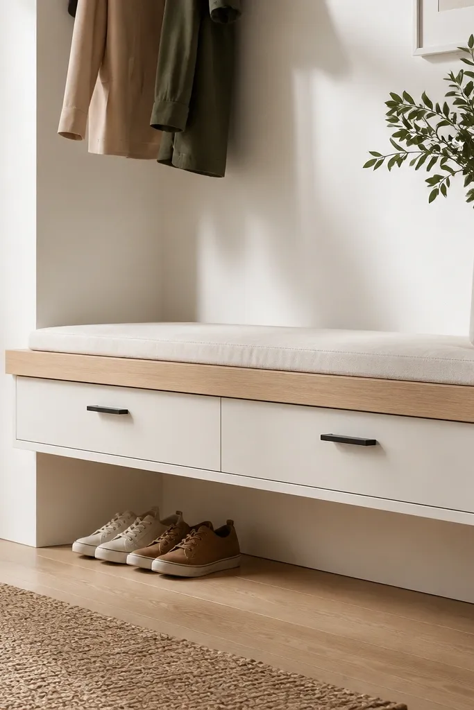A light oak floating bench sits above a narrow shoe cabinet. The bench has a smooth top and a simple cushion in off-white linen. Below, two drawers with matte black bar pulls hold shoes, and the cabinet is painted soft white.