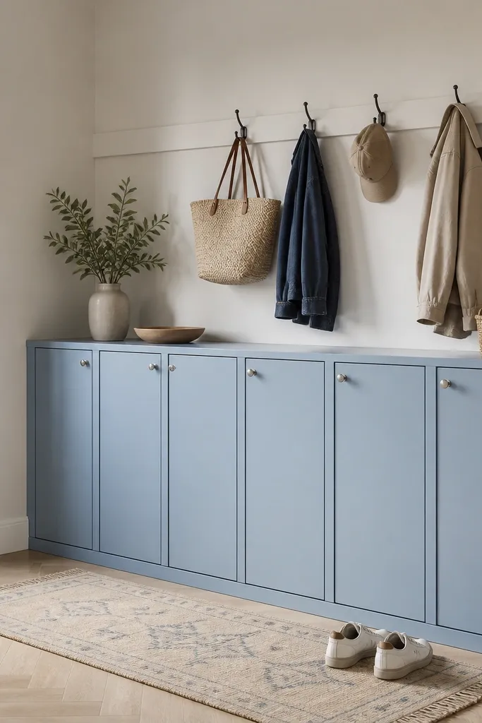 A row of slim lockers in powder blue sits along the entry wall. Each locker has a flat door with a small brushed nickel knob. Above, a narrow rail with matching black hooks holds bags and coats.