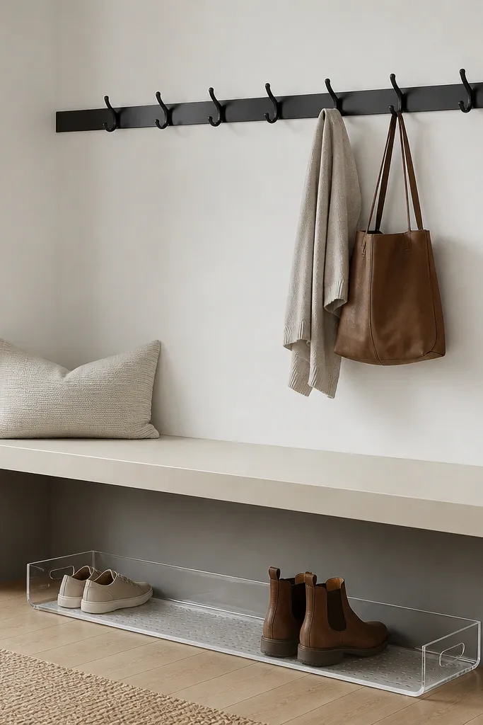 A matte black metal hook rail runs along a white wall. Beneath it is a transparent acrylic tray spanning the width of the bench area, with a small vented insert for shoes. A thin off-white bench sits above a gray wall panel.