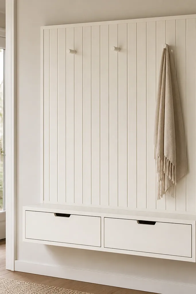A wall-mounted backboard has vertical linen-texture slats. Two recessed pull drawers sit at the bottom, and above them are three slim coat hooks. The whole unit is painted warm white with minimal seams.