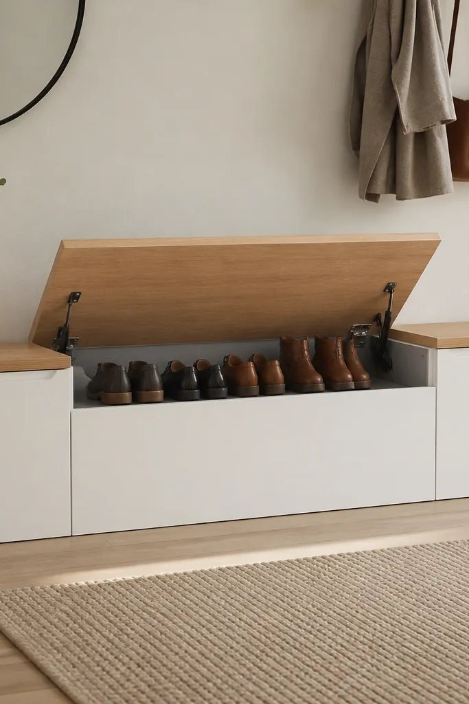 A bench has a white front panel and a light oak seat. The seat lifts to reveal a hidden boot shelf with a gray rubber mat. Side compartments have no visible handles, just a slim finger groove.