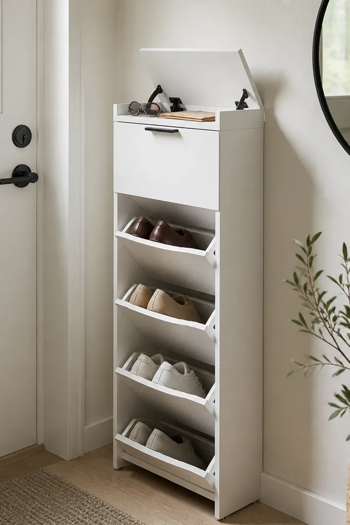 A tall, narrow cabinet in white sits next to the door. It has a flip-top tray at the top for keys and mail and a vertical shoe section below with angled shelves. Matte black hinges and a slim pull line the cabinet.
