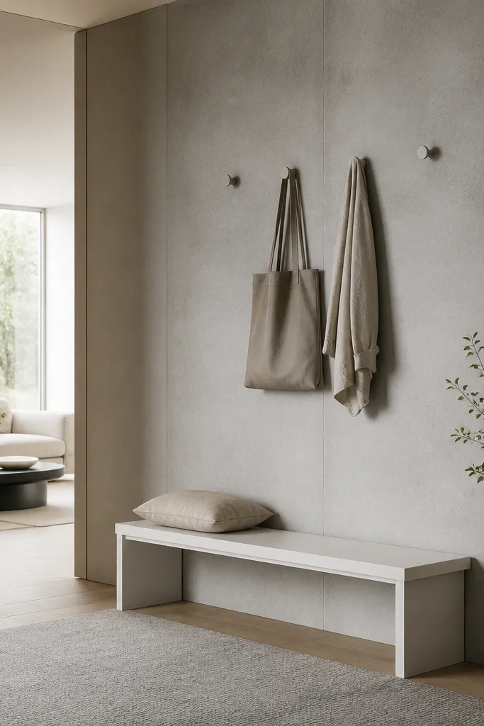 A section of the entry wall has a concrete-look panel in light gray. A slim bench in white sits under it, and a few minimalist hooks are mounted above. The floor has a low-pile gray rug.