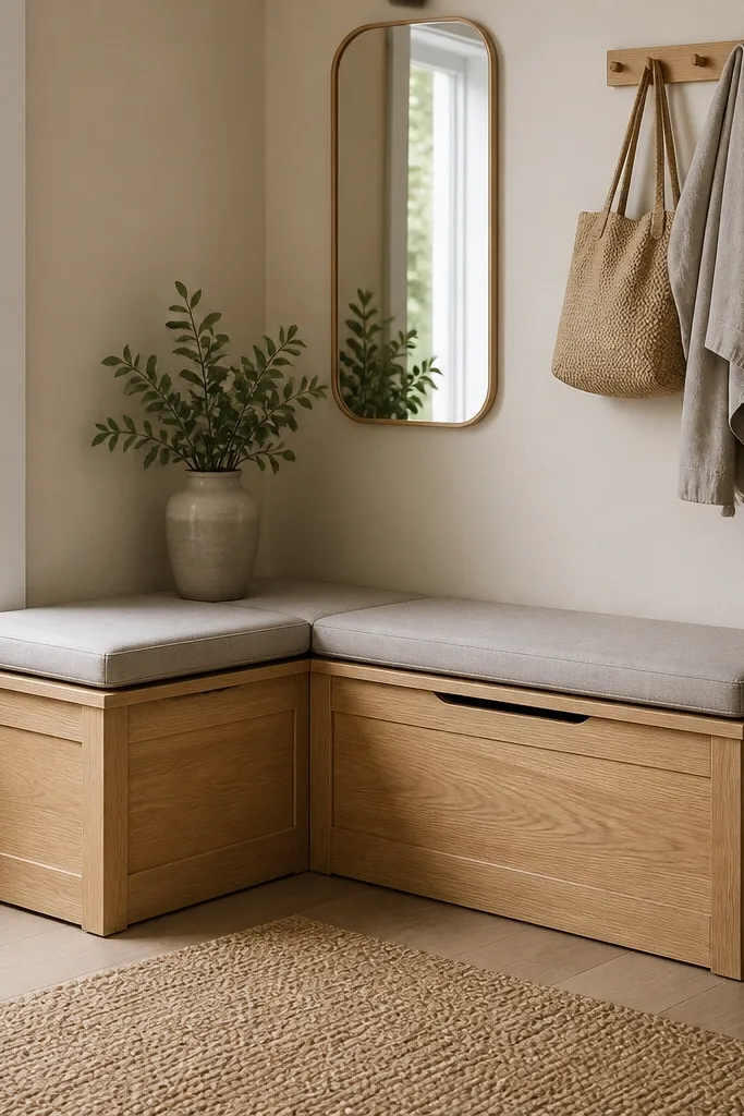 A corner entry has an L-shaped bench in light oak with a pale gray cushion. Each side has a lift lid with hidden compartments. Hooks are mounted on the adjacent wall, and a small mirror hangs above the corner.