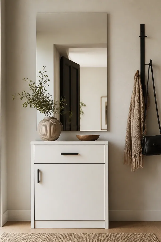 A tall, frameless mirror hangs above a narrow console. On the wall beside it is a slim rail with hooks. The console has a single drawer and a closed cabinet below, both in matte white with black pulls.