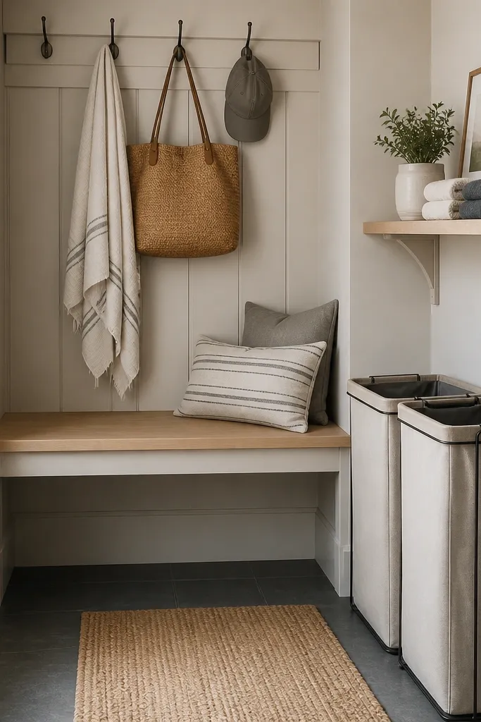 A narrow entryway bench under a wall of hooks. Two matching hampers sit side-by-side on the floor, and a slim shelf above them holds folded microfiber cloths and a small sign for whites and darks.