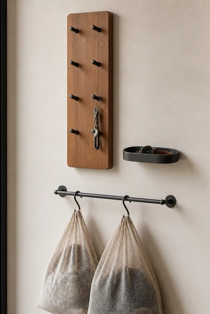 A vertical wall of hooks above eye level, with two hanging mesh laundry bags on a simple metal rail below. A small tray shelf for keys sits to the side.