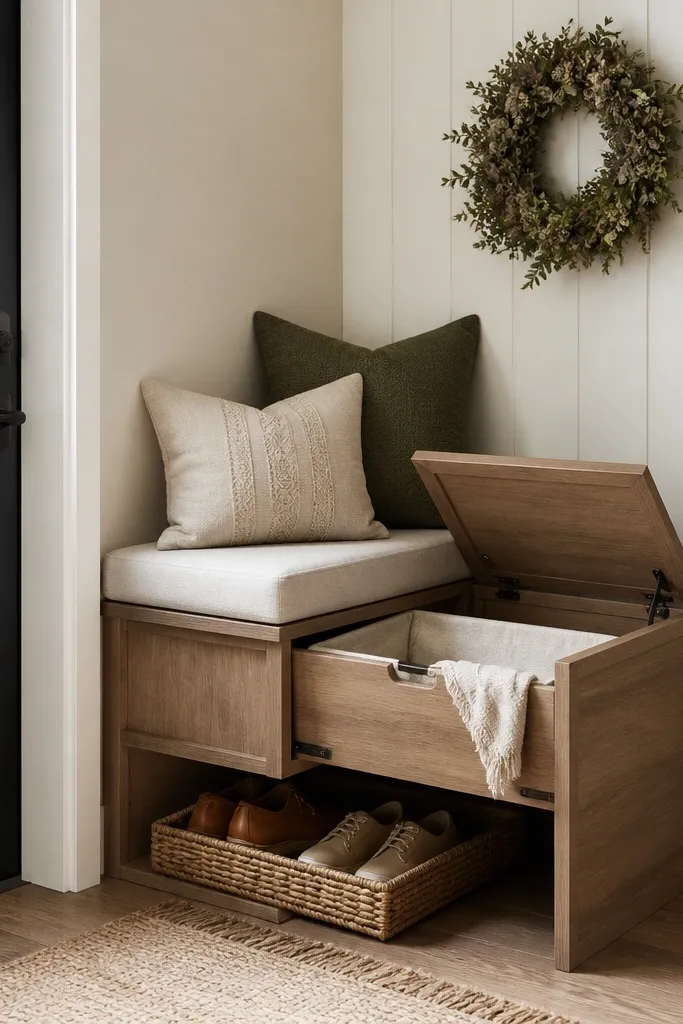 A corner bench with a hinged seat revealing a pull-out hamper drawer. Shoes sit in a shallow basket cubby below, and a wreath hangs on the wall beside it.