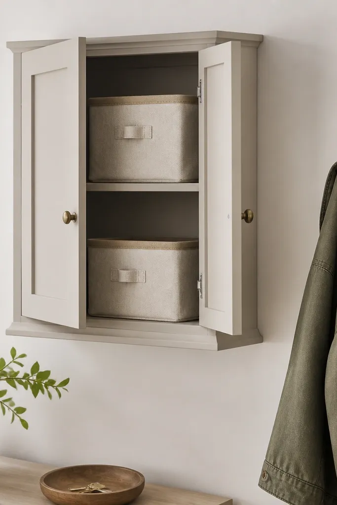 A small wall cabinet with two doors. Inside, there are two labeled fabric bins on the shelves, and the cabinet doors have small knobs. Outside the cabinet, a single hook holds a jacket.
