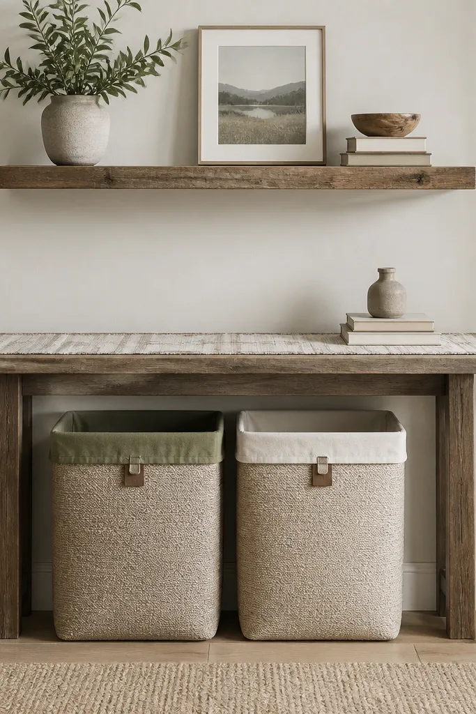 A floating shelf with a runner below. Two fabric hamper baskets sit on the floor beneath, each with a different color liner and a small label tag.