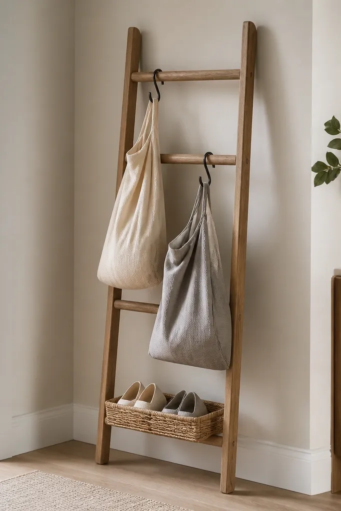 A slim wooden ladder shelf leaning against the wall. Two laundry bags hang from S hooks attached to the ladder rungs, and a small basket for shoes sits on the lowest rung.