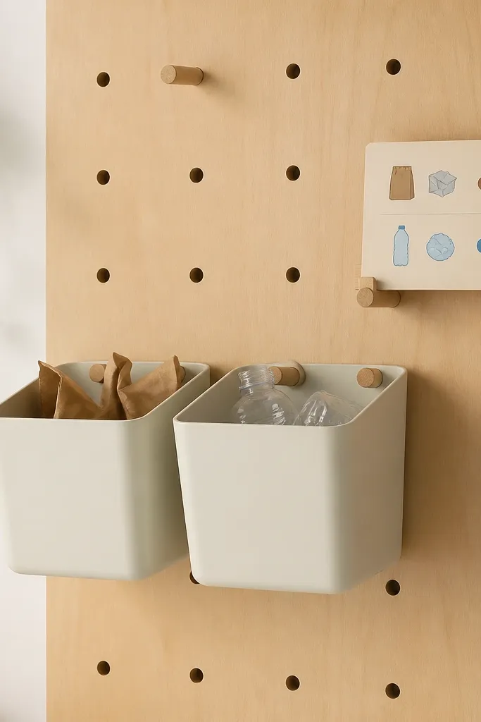A light wood pegboard wall with evenly spaced hooks. Two labeled bins hang from hooks, and a small card holder near the bins displays a sorting guide.