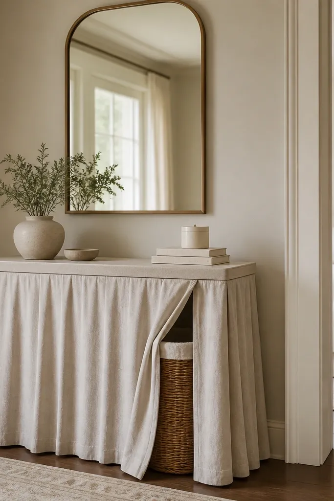 A slim console table with a fabric skirt covering the underside. A hamper sits under the table behind the skirt, and a wall mirror hangs above.