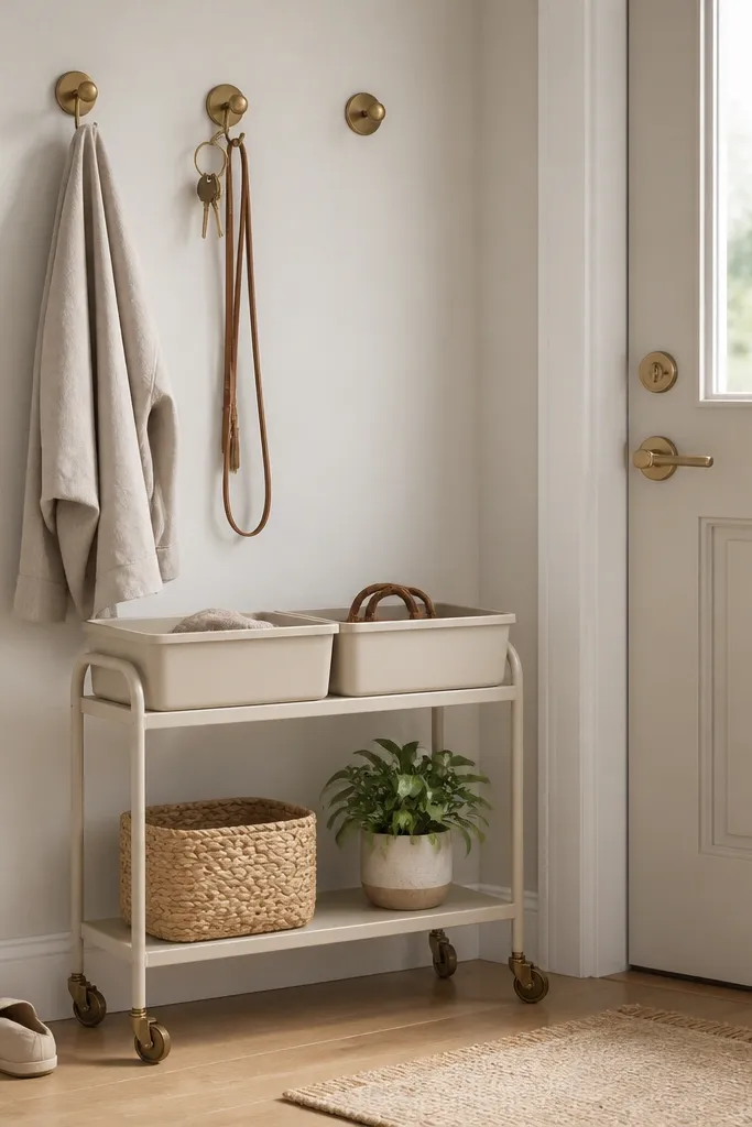 A small rolling cart with two bins on top. It has wheels, sits by the door, and matches the color of the wall hooks and door hardware.