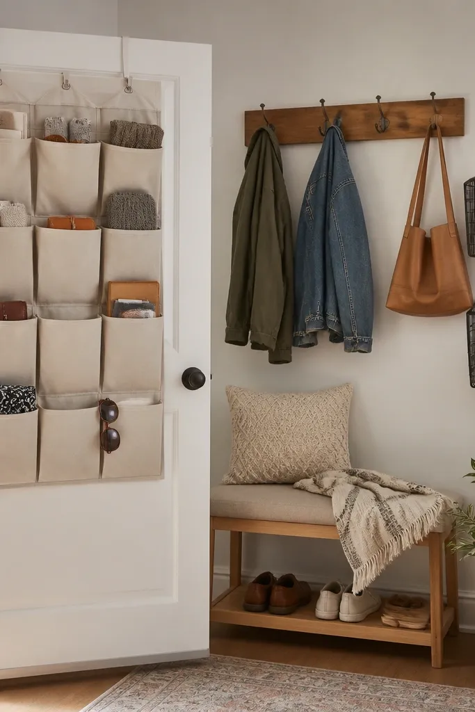 An over-the-door sorter mounted on the back of an entry door. In front, a small bench with a hook strip above holds coats, and two wall baskets hang for shoes.