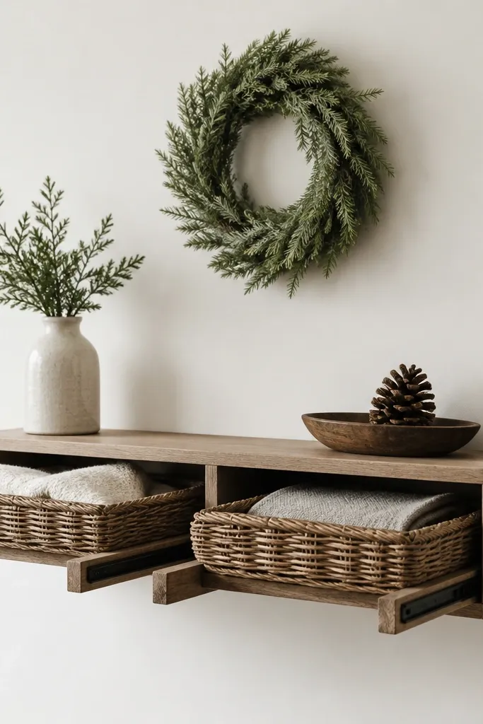 A low wall shelf with two sliding wooden rails. Two baskets glide in and out, and a small evergreen wreath hangs above the shelf.