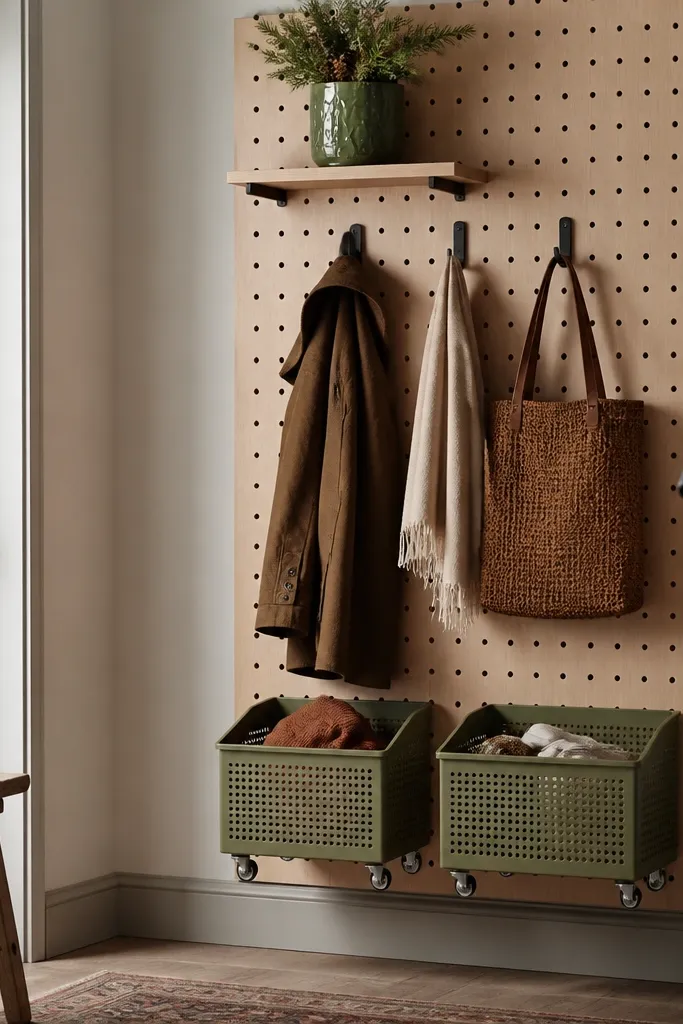 A pegboard wall with two rolling bins attached low on the board, and hooks above for coats. A small shelf holds a seasonal green ceramic planter.