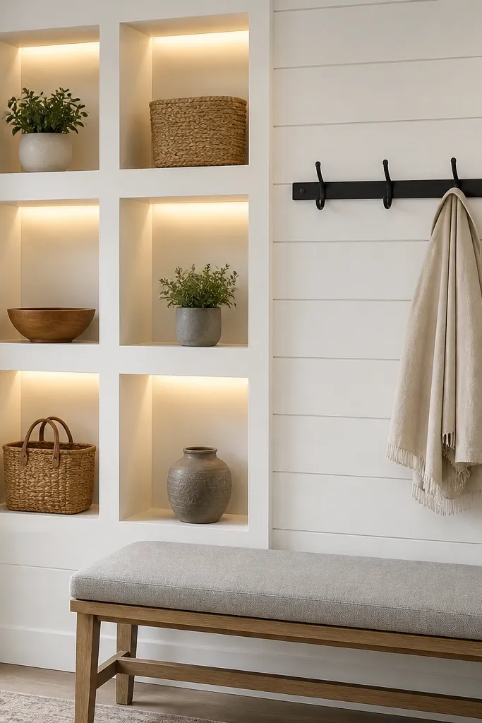 A white shiplap wall with six small cubby openings. Each cubby has a warm glow from an LED strip mounted under the shelf above. A black metal hook rail sits to the right, and a narrow bench with a light gray cushion sits below.