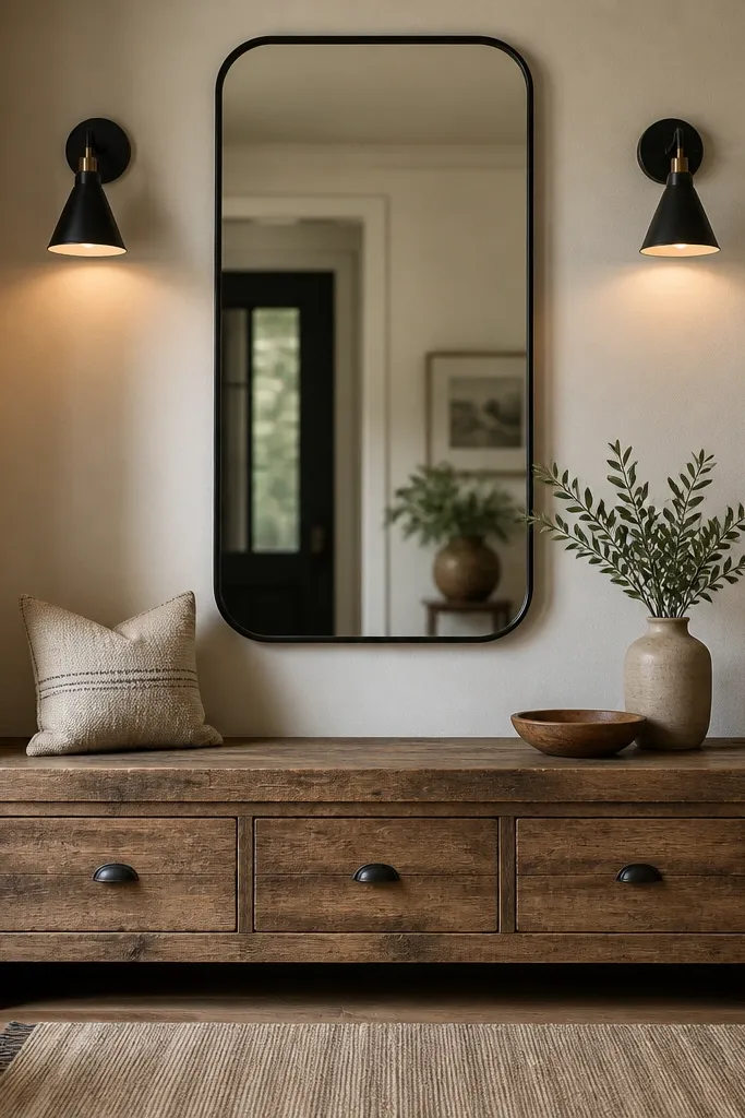 A reclaimed wood bench with three front drawers. Two small wall sconces flank the bench, casting warm light on the wood grain. A tall mirror with a black frame hangs above the bench, and a few hooks sit beside it.
