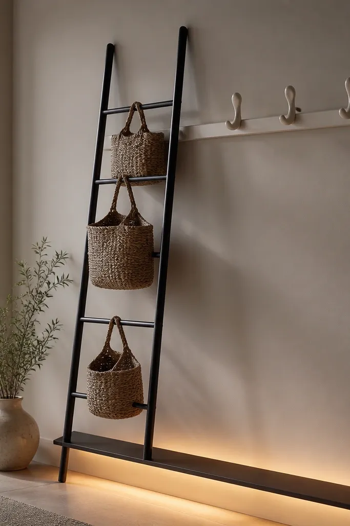 A black metal ladder shelf leaning against the wall. Woven baskets hang on the rungs. Beneath the ladder, a narrow ledge has an LED strip glowing along its underside. A row of white ceramic hooks sits at shoulder height.
