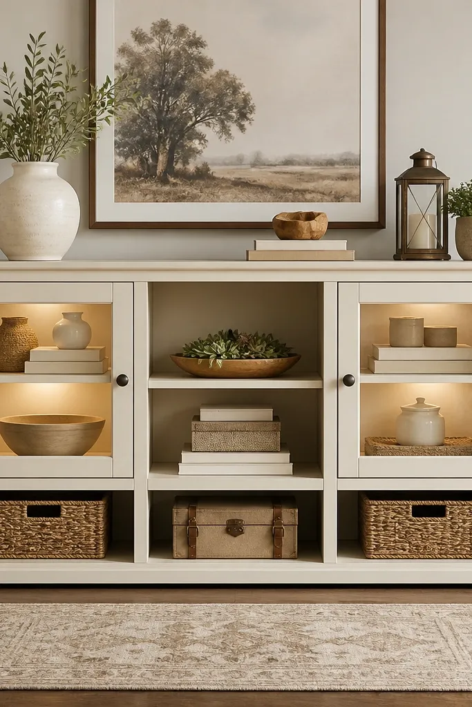 A cream console table with two glass-front cabinets. Inside each cabinet, a warm LED strip lights up the shelves. The lower area has open cubbies with baskets. A small farmhouse runner rug sits in front.