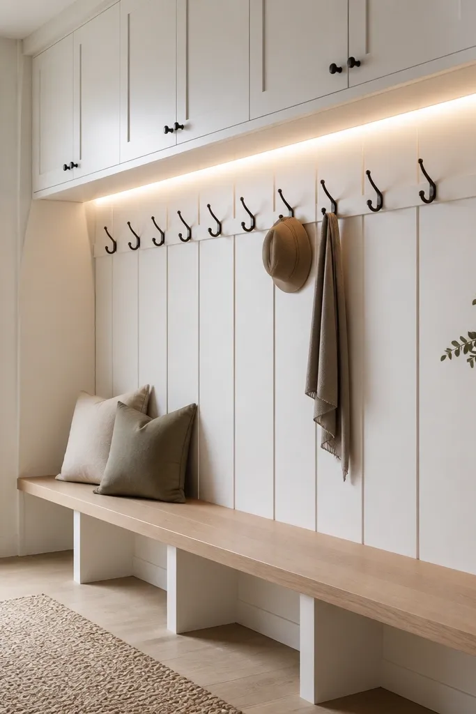 A board-and-batten wall in white with a long line of hooks. Above the hooks is a narrow cabinet with under-cabinet LED lights. The lights glow when someone stands near the hooks, and a small bench sits below.