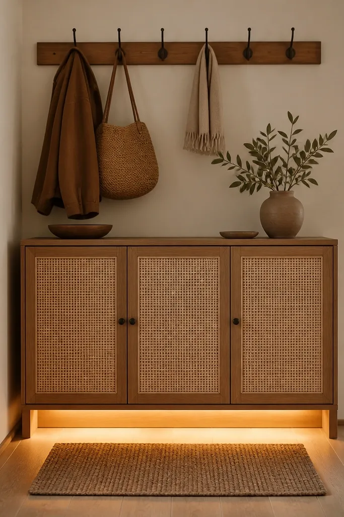 A narrow cabinet with rattan doors for shoes. A warm LED strip glows along the toe-kick area, lighting the floor just in front of the cabinet. A row of hooks sits above the cabinet, and a small doormat is centered.