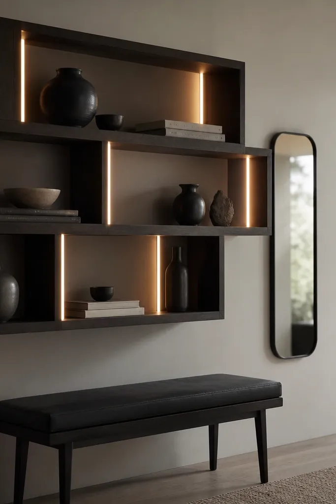 Dark stained wood shelves mounted on the wall in a staggered pattern. Each shelf opening has a warm LED strip mounted inside the side walls. A black bench and a small mirror sit below.