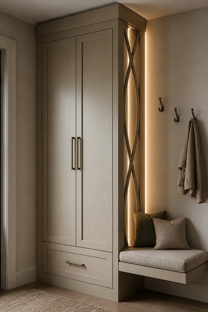 A narrow tall cabinet in a corner with two doors and a lower pull-out drawer. A vertical LED strip runs behind a decorative frame near the cabinet side. A small corner bench sits beneath and a few hooks are mounted on the adjacent wall.