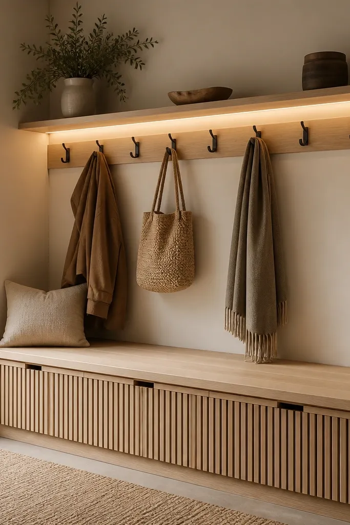 A light wood bench with a slatted front. Above it is a coat rail with hooks. A shallow ledge runs along the wall above the hooks, with an LED strip glowing underneath the ledge, lighting the hook area.