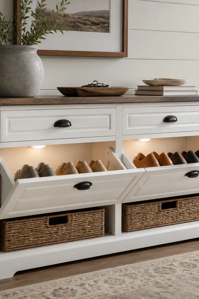 A rustic media console painted white with dark hardware. Two open sections hold removable bins for shoes, each bin labeled. Small LED puck lights sit inside drawers, glowing when the drawer opens.