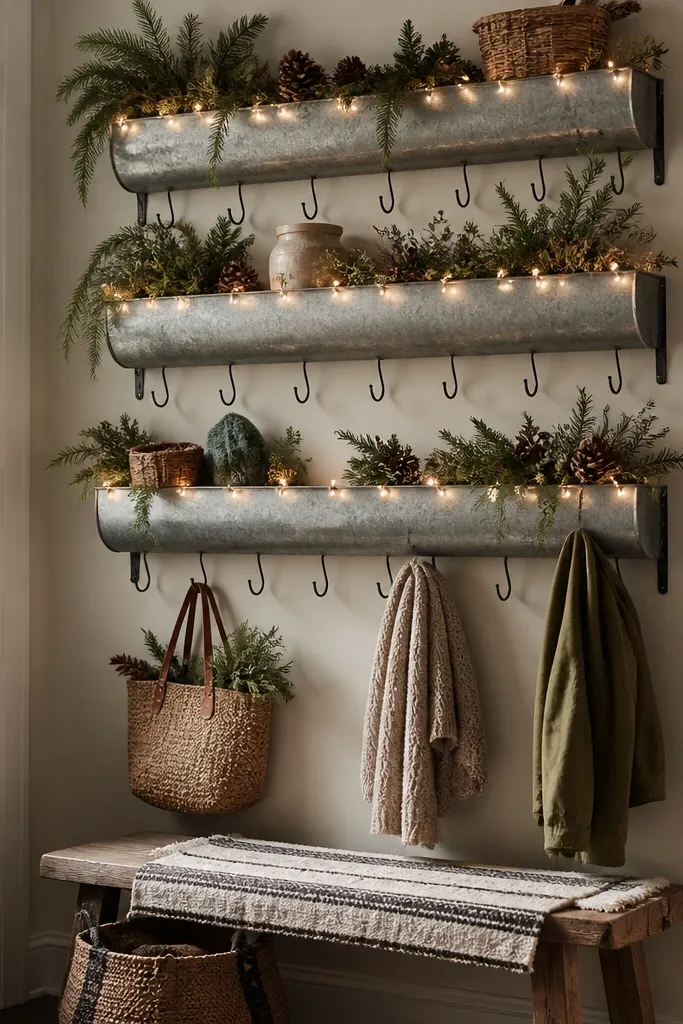 A wall of three stacked galvanized planters used like shelves. Hooks hang beneath each planter. Warm battery fairy lights run along the planter edges, glowing softly. A small bench sits below with a wool runner.