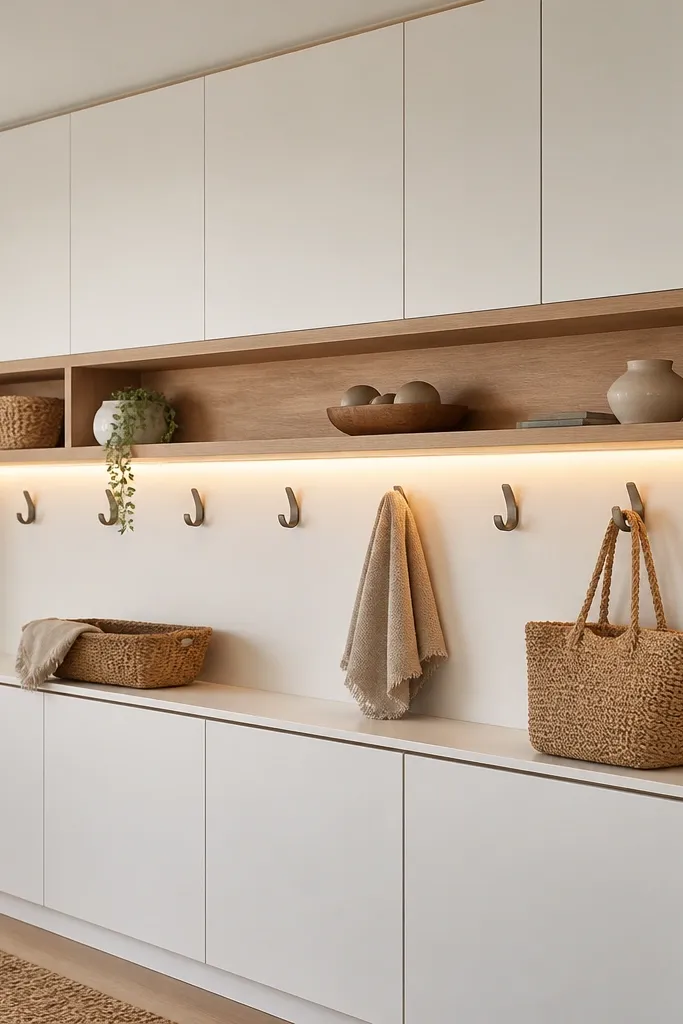 A row of white cabinets with a long open shelf section in the middle. A warm light runs along the shelf underside, and a rope detail wraps the side of one cabinet. Hooks are mounted under the shelf line.