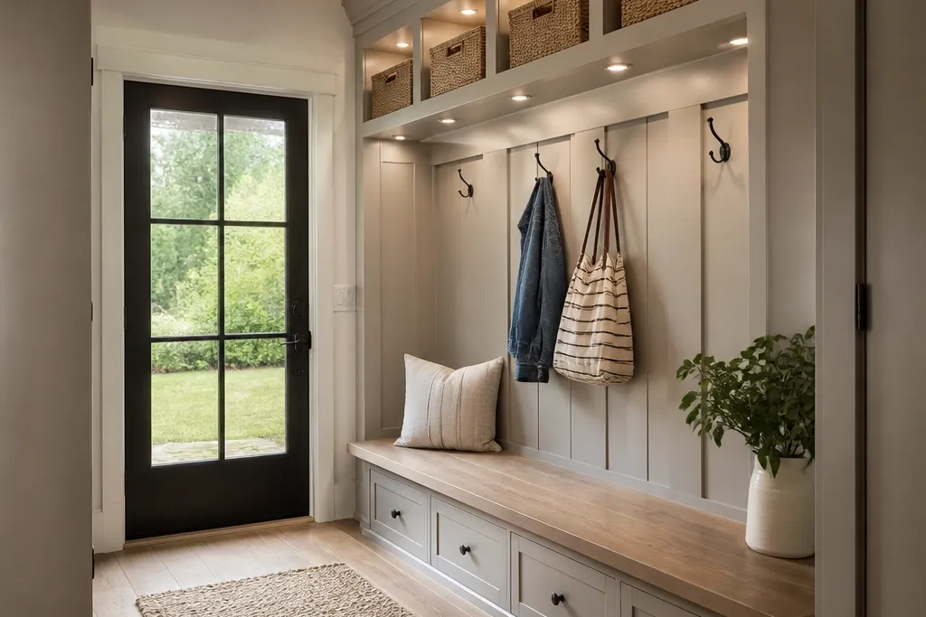 With Storage and Lights Mudroom Ideas Entryway