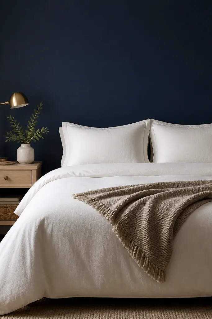 A bedroom wall painted matte navy with a full-size bed centered in frame. The bedding is crisp ivory with a plain duvet cover, a single textured throw in oatmeal, and two white pillows. A simple light oak nightstand sits beside the bed with a brushed brass table lamp.