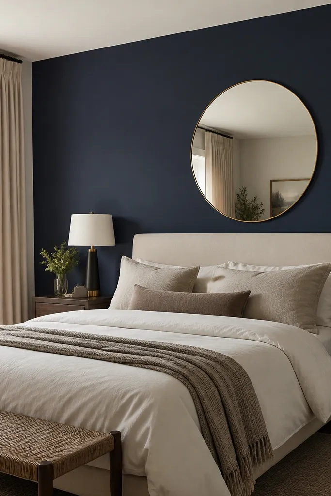 A bedroom with a navy accent wall behind the bed. The ceiling is painted warm white, and the wall paint stops cleanly at the ceiling line. The room has light beige curtains, a cream upholstered headboard, and a large round mirror with a thin gold frame.