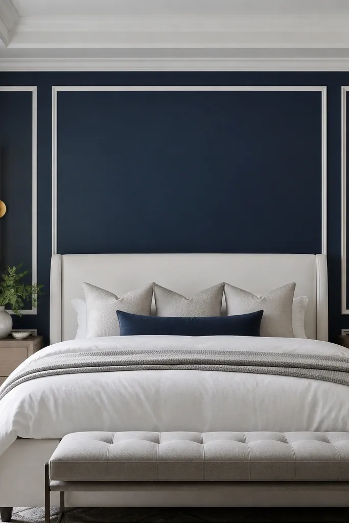 A bedroom accent wall with navy paint and white trim creating rectangular frames. The bed sits centered with a white upholstered headboard. There are two tall, slim wall sconces in warm brass on either side of the frames.