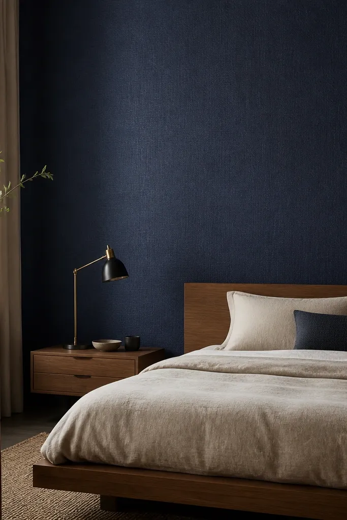 A bedroom wall covered in navy wallpaper with a subtle woven texture. The wall looks slightly dimensional in the light. The bed has a beige linen duvet and a low-profile wood frame. A black-and-brass reading lamp sits on a small nightstand.