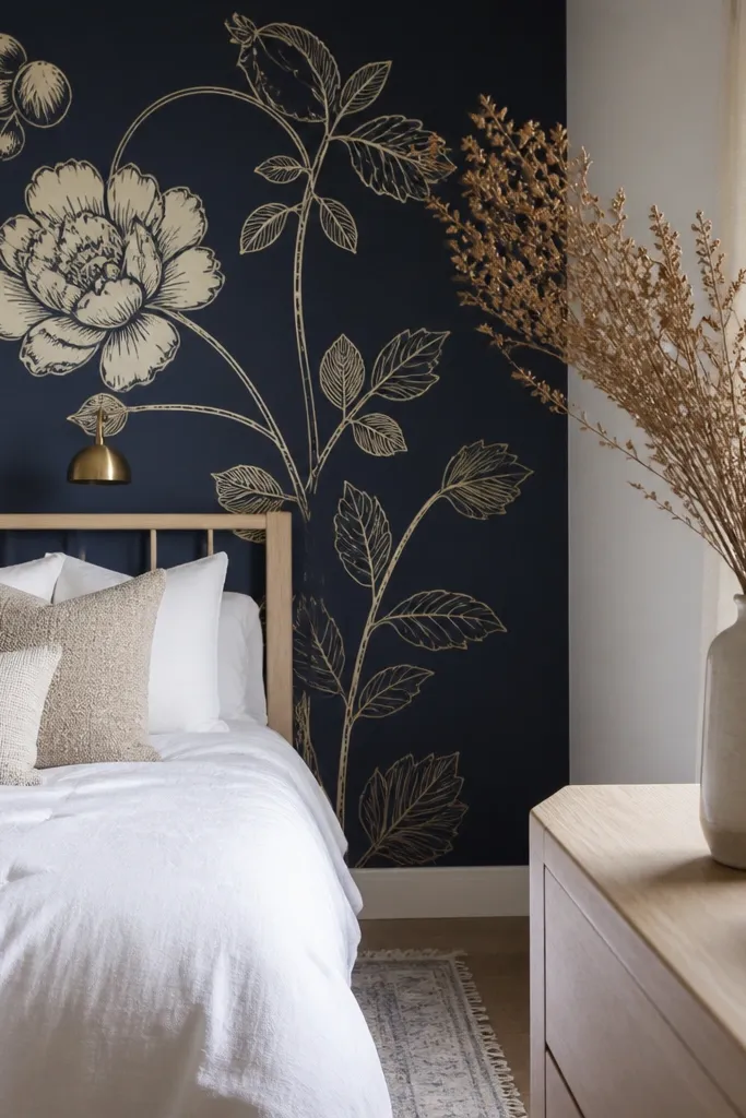 A bedroom accent wall painted navy with oversized botanical line art in muted cream and pale gold. The bed has white bedding and a light wood headboard. A tall vase with dried stems sits on a dresser facing the wall.