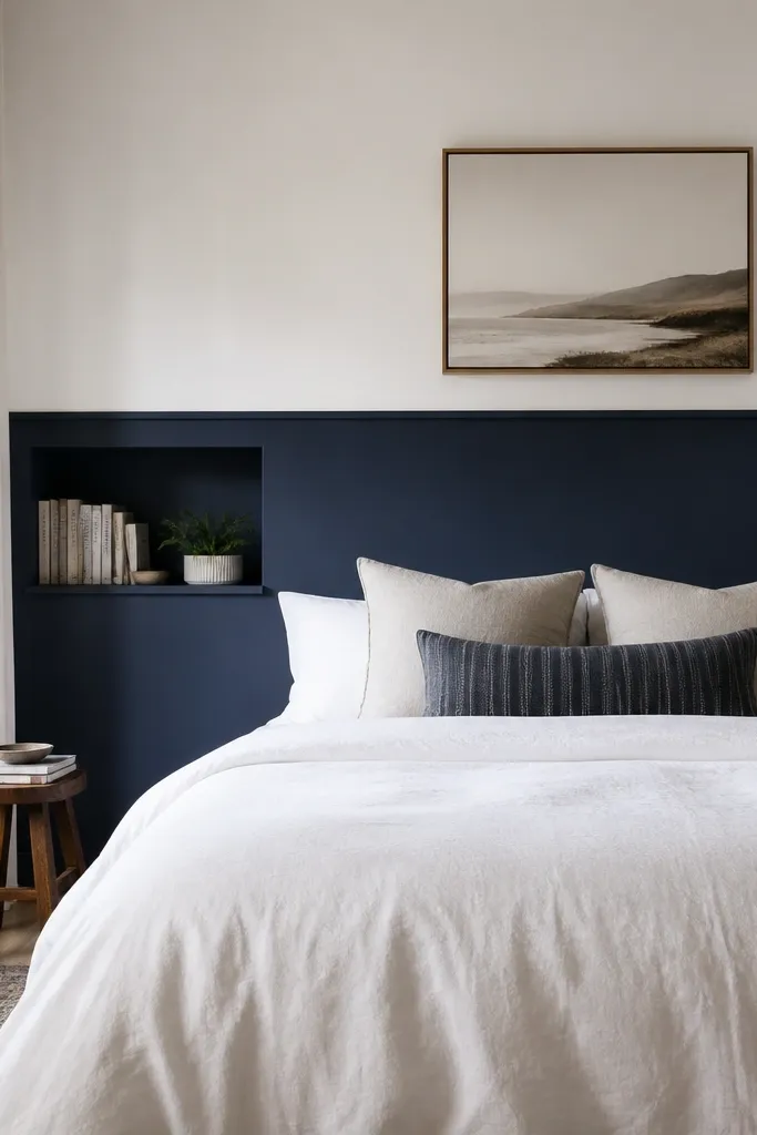 A bedroom where the lower half of the accent wall is navy paint, and the upper half is painted a clean white. There's an open shelf section in the navy area holding books and a small plant. The bed sits in front with a white comforter.