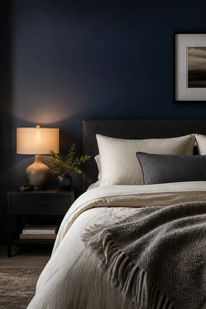 A bedroom accent wall painted a deep navy with a soft reflective sheen. The light from a bedside lamp makes the wall glow. The bed has a dark gray headboard and cream bedding. There's a black metal picture frame and a textured wool throw.