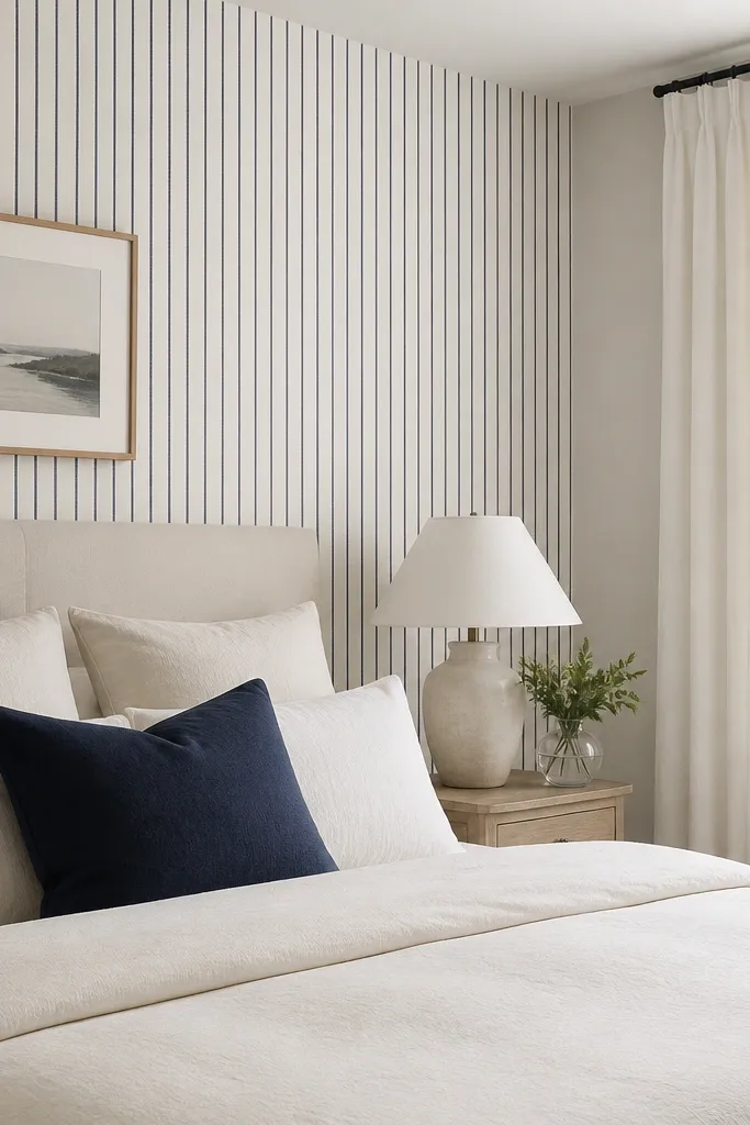A bedroom wall behind the bed with narrow navy vertical stripes on an off-white background. The bed is dressed in off-white bedding with a navy throw pillow. A white curtain panel covers the window.