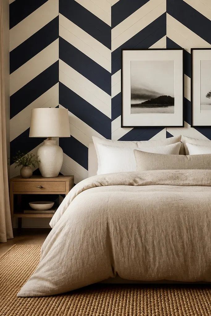 A bedroom accent wall in navy and off-white chevron pattern. The bed has a tan linen duvet and a woven neutral rug is visible in the foreground. There are two simple framed prints with thin black frames.