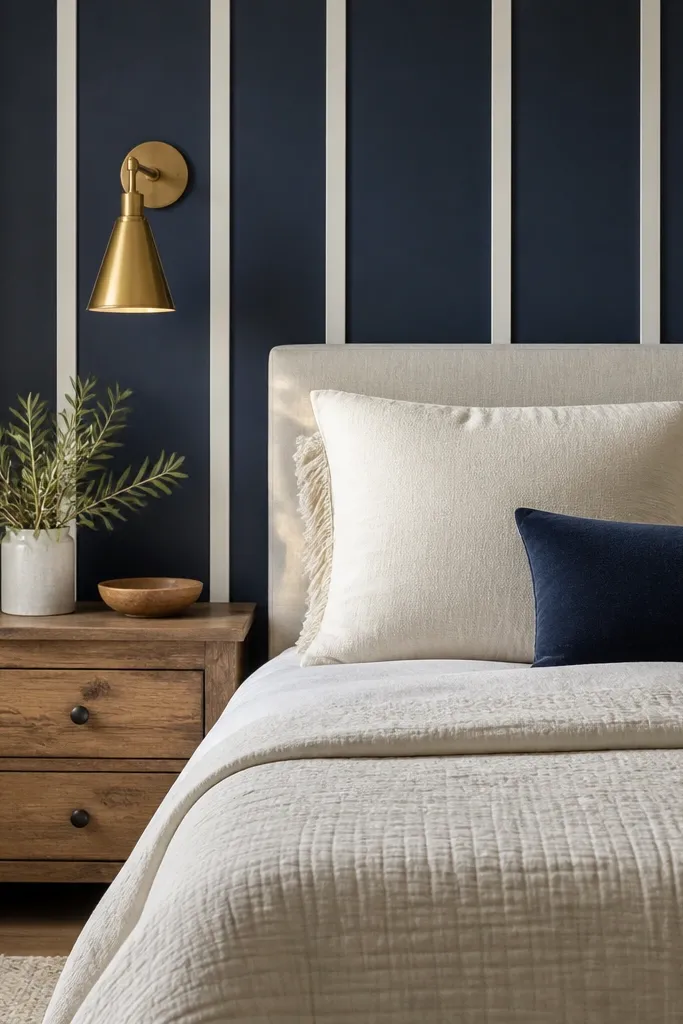 A bedroom accent wall with navy board-and-batten paneling. White battens create vertical lines. The bed has a cream quilt and a small navy lumbar pillow. A rustic wood nightstand and a warm brass sconce are visible.