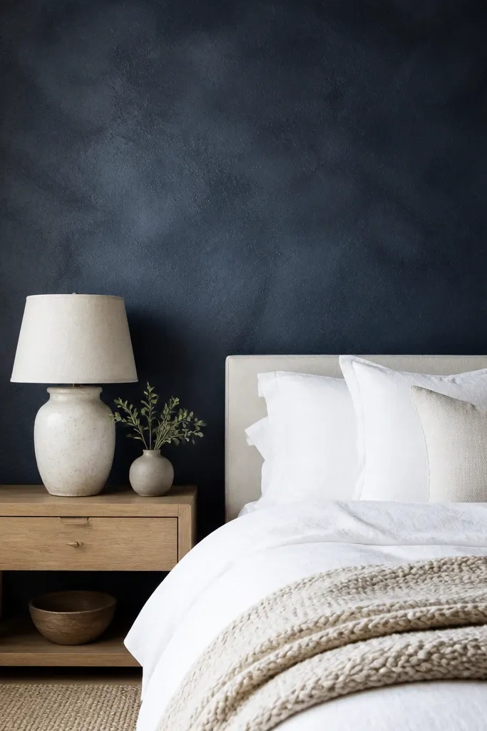 A bedroom wall with navy textured plaster-like finish. The surface shows soft variations in tone, like a hand-troweled look. The bed has white bedding and a chunky knit throw in oatmeal. A ceramic lamp with a linen shade sits on a light oak table.