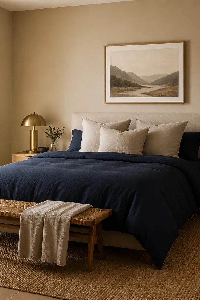 A bedroom with warm sand painted walls, an ink navy duvet on a bed, cream linen throw pillows, and a woven jute rug. Brushed brass table lamps sit on light wood nightstands.