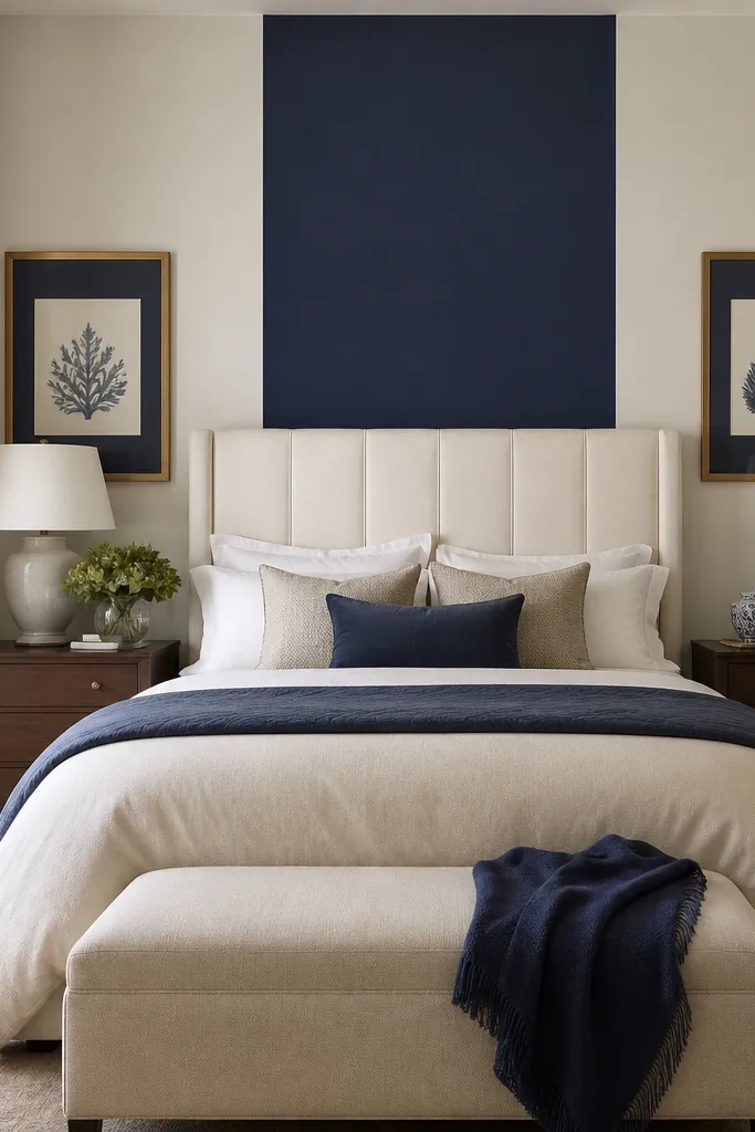 A bed with a cream upholstered headboard centered against a wall with a narrow vertical navy stripe. Beige curtains hang to the floor, and framed art uses navy matting.